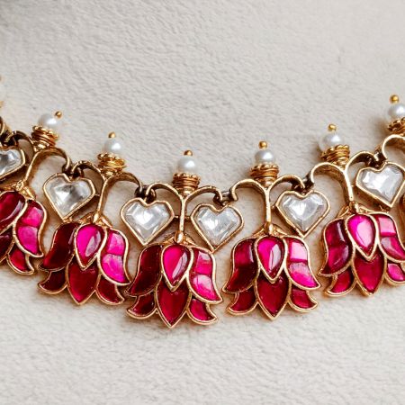 Handmade Brass Metal Jewellery Pink Lotus Necklace Set